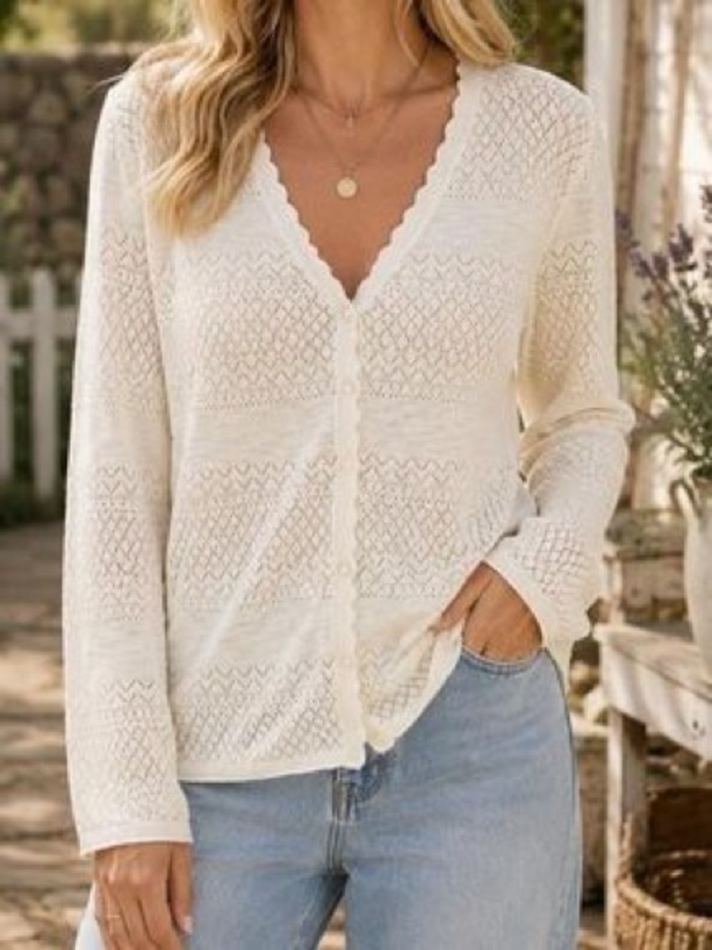 Frye Pointelle Knit Scallop Trim Cardigan 100% Cotton